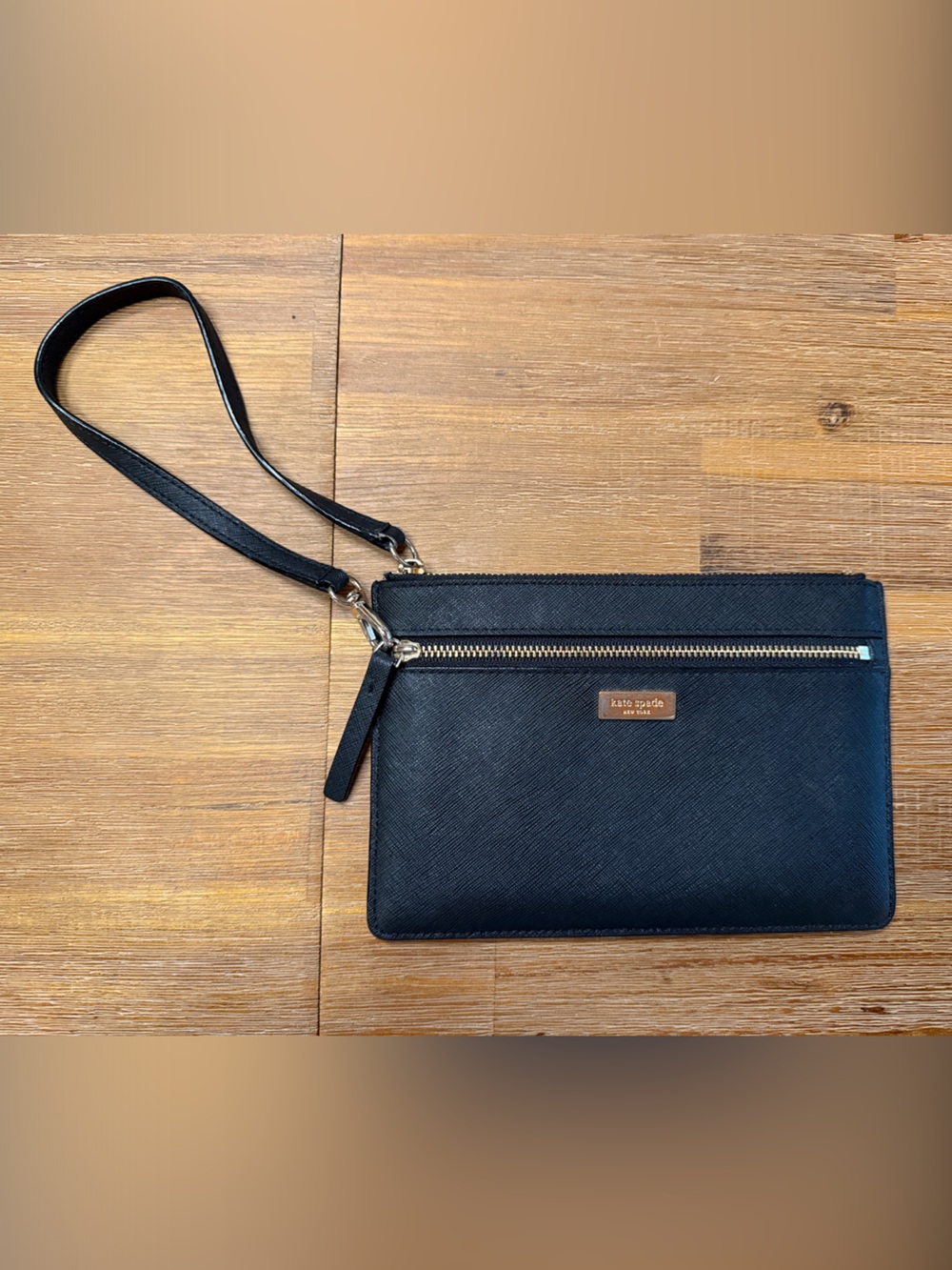 kate spade Black Leather Zip Wristlet with Gold Hardware